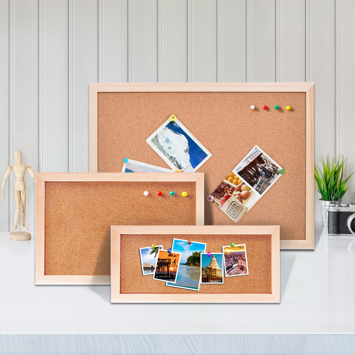 Bulletin Board Cork - ヴィンテージパインウッドフレームコルクボードメッセージボード写真展示や掲示板用に3サイズをご用意