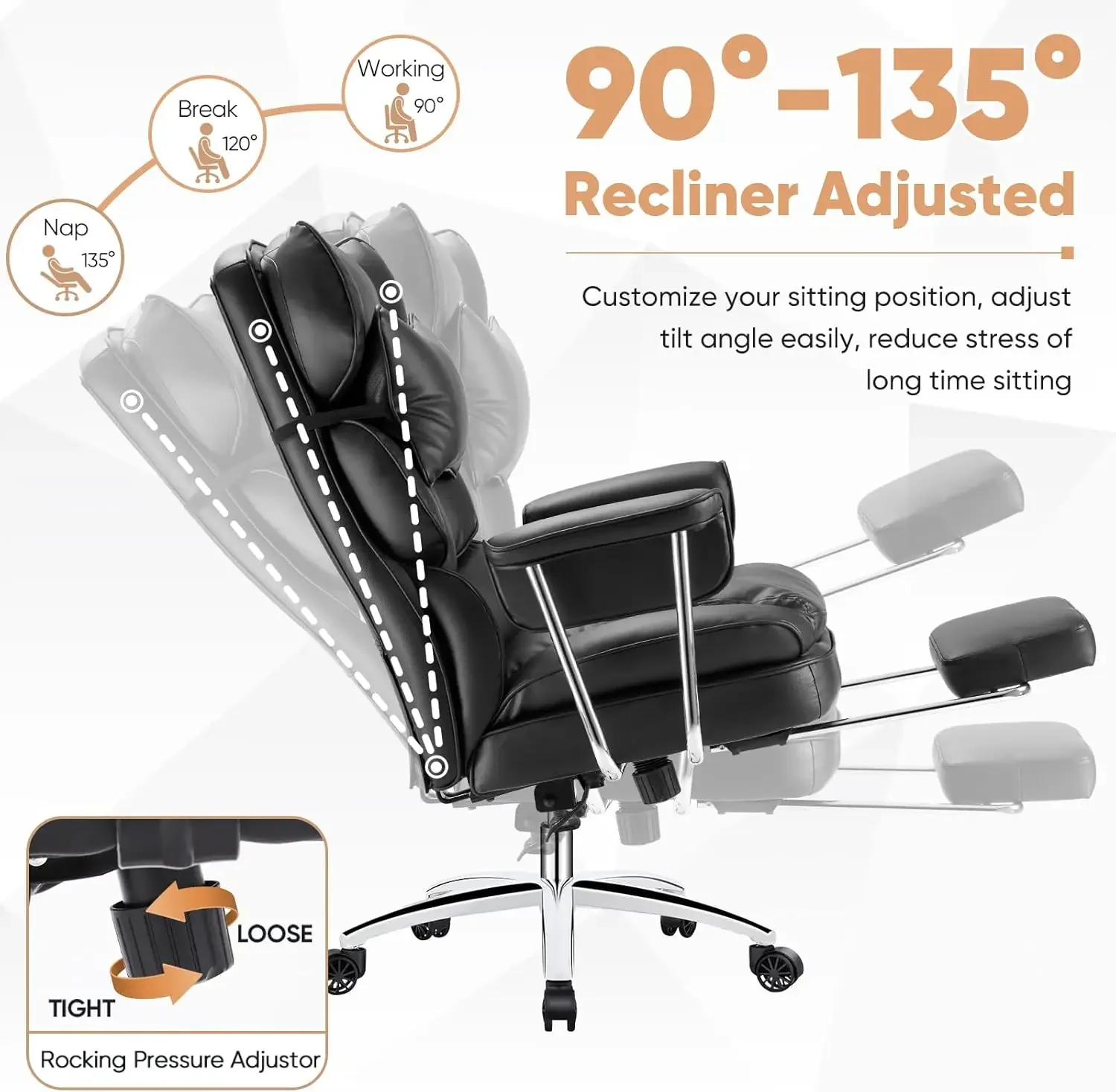Office Furniture Com - エグゼクティブホームオフィスデスクチェア - 人間工学に基づいた背の高いハイバックデザイン、フットレストとランバーサポート付き、リクライニング・高さ調整可能、快適